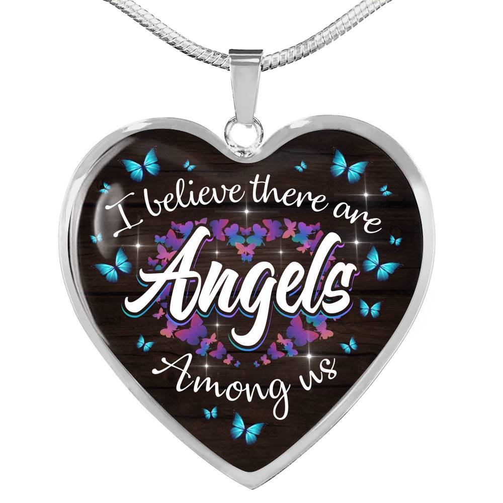 Butterfly I Believe There Are Angel Among Us Heart Pendant Necklace - Memorial Gifts For Loss Of Loved One - Heart Luxury Necklace (Silver)