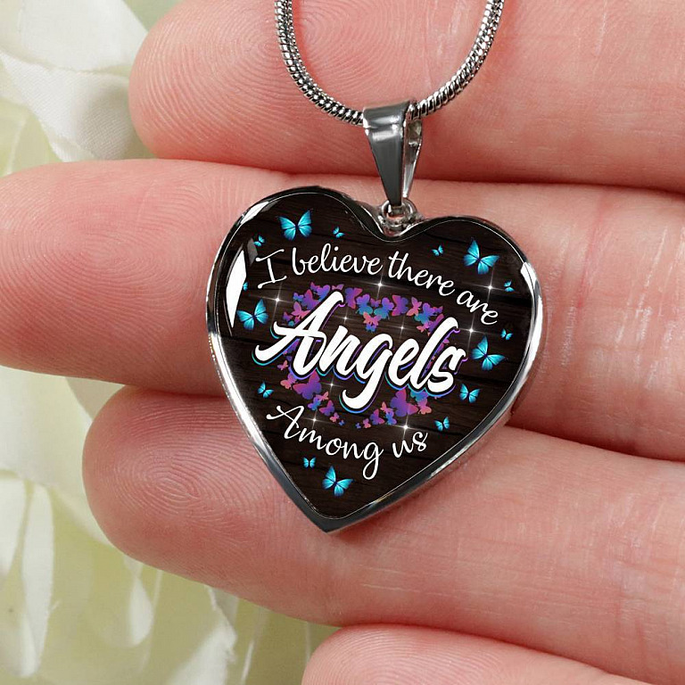 Butterfly I Believe There Are Angel Among Us Heart Pendant Necklace - Memorial Gifts For Loss Of Loved One - Heart Luxury Necklace (Silver)