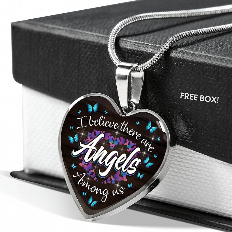 Butterfly I Believe There Are Angel Among Us Heart Pendant Necklace - Memorial Gifts For Loss Of Loved One - Heart Luxury Necklace (Silver)