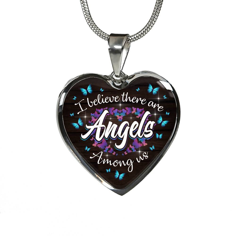 Butterfly I Believe There Are Angel Among Us Heart Pendant Necklace - Memorial Gifts For Loss Of Loved One - Heart Luxury Necklace (Silver)