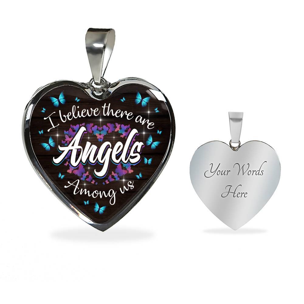Butterfly I Believe There Are Angel Among Us Heart Pendant Necklace - Memorial Gifts For Loss Of Loved One - Heart Luxury Necklace (Silver)