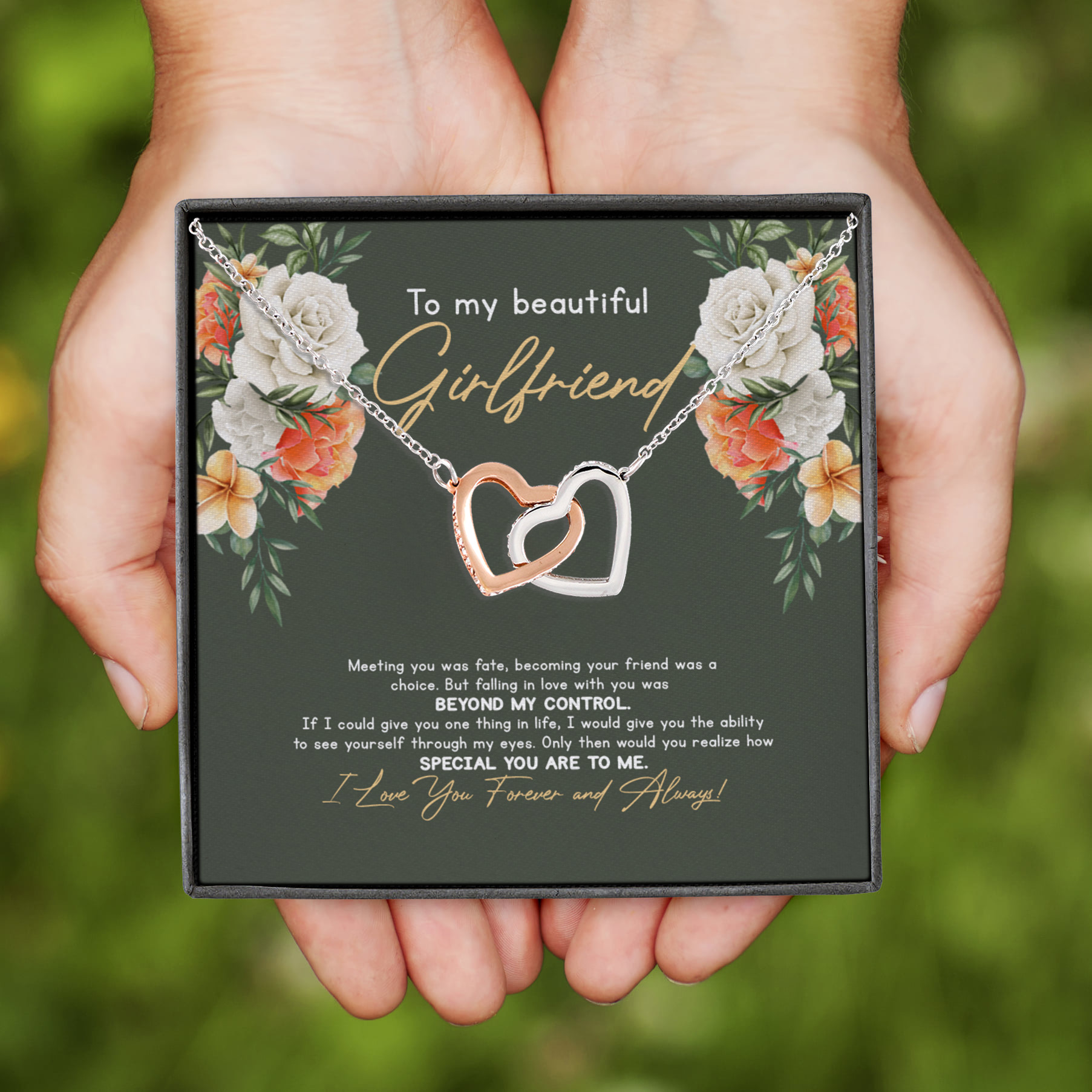 4VT. To My Beautiful Girlfriend Message Card Interlocking Hearts Necklace