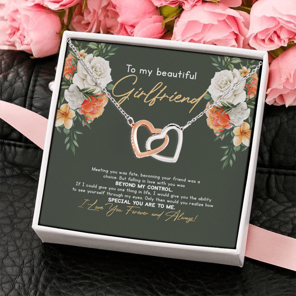 4VT. To My Beautiful Girlfriend Message Card Interlocking Hearts Necklace 4