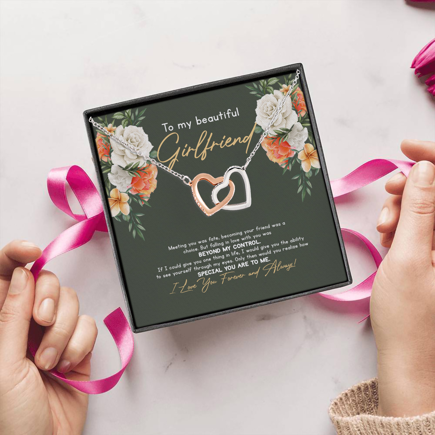 4VT. To My Beautiful Girlfriend Message Card Interlocking Hearts Necklace 5