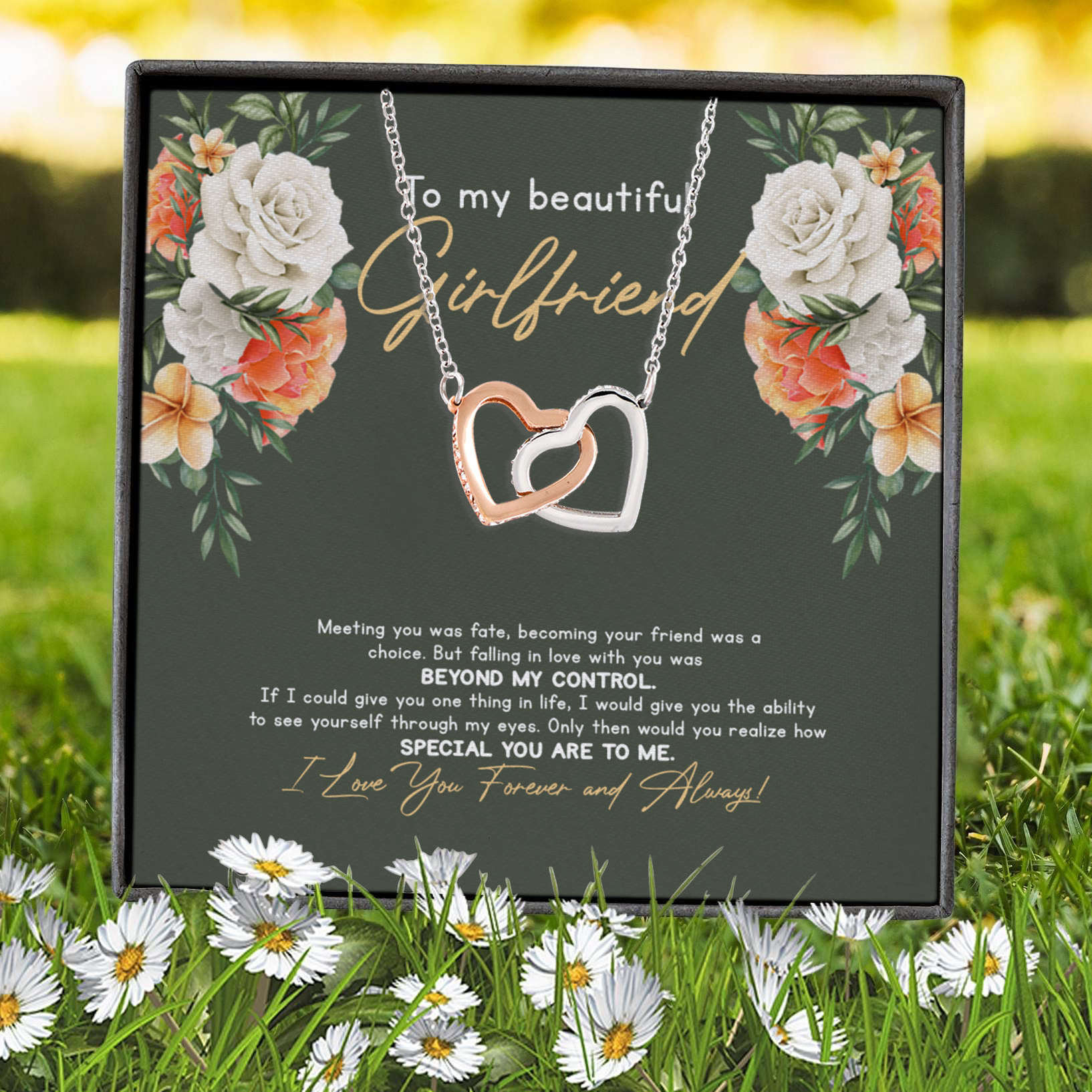 4VT. To My Beautiful Girlfriend Message Card Interlocking Hearts Necklace 7
