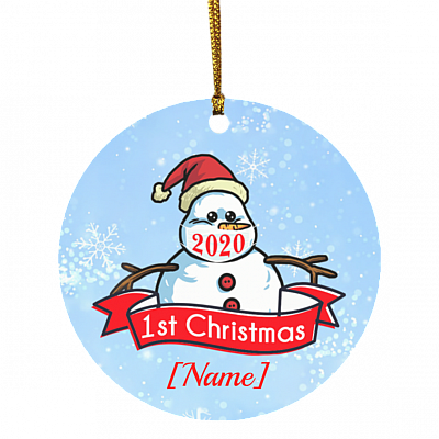 Personalized First Christmas Snowman With Mask Circle Ornament Keepsake - Holiday Christmas Ornament, White, Circle Ornament