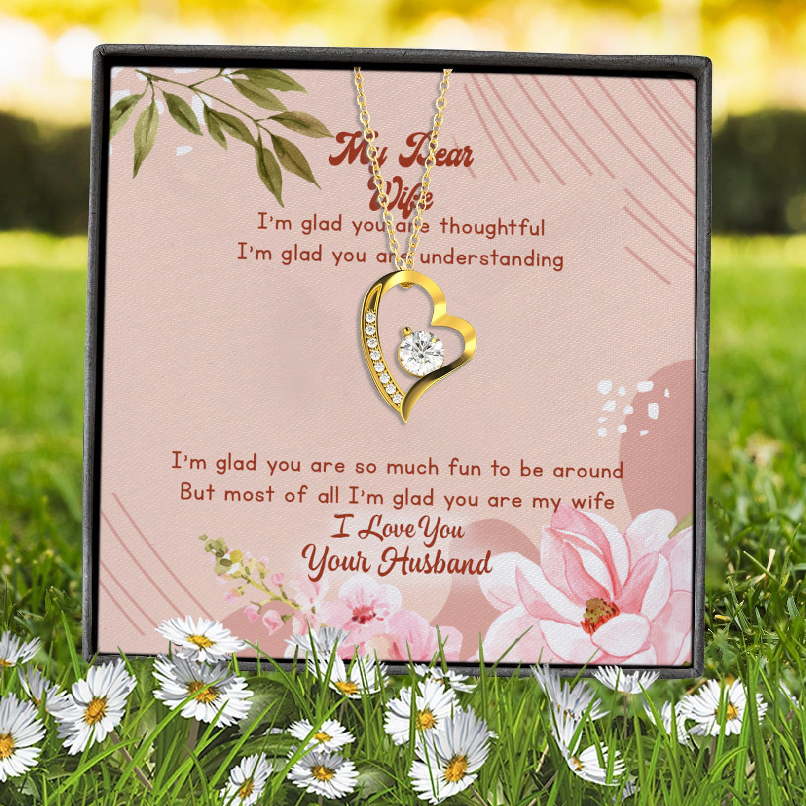 6VT. My Dear Wife I'm Glad Message Card Forever Love Necklace (Gold) 7