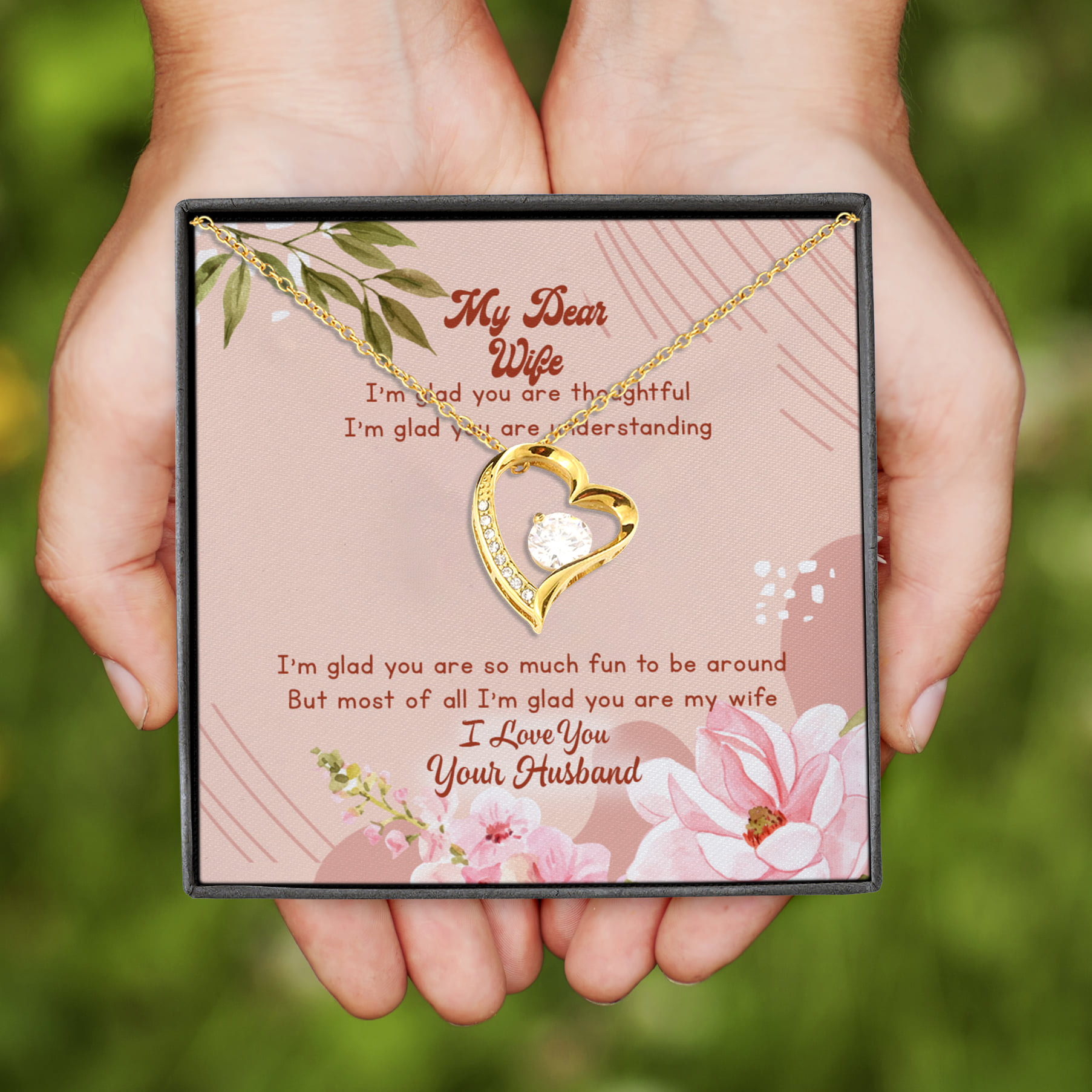 6VT. My Dear Wife I'm Glad Message Card Forever Love Necklace (Gold)
