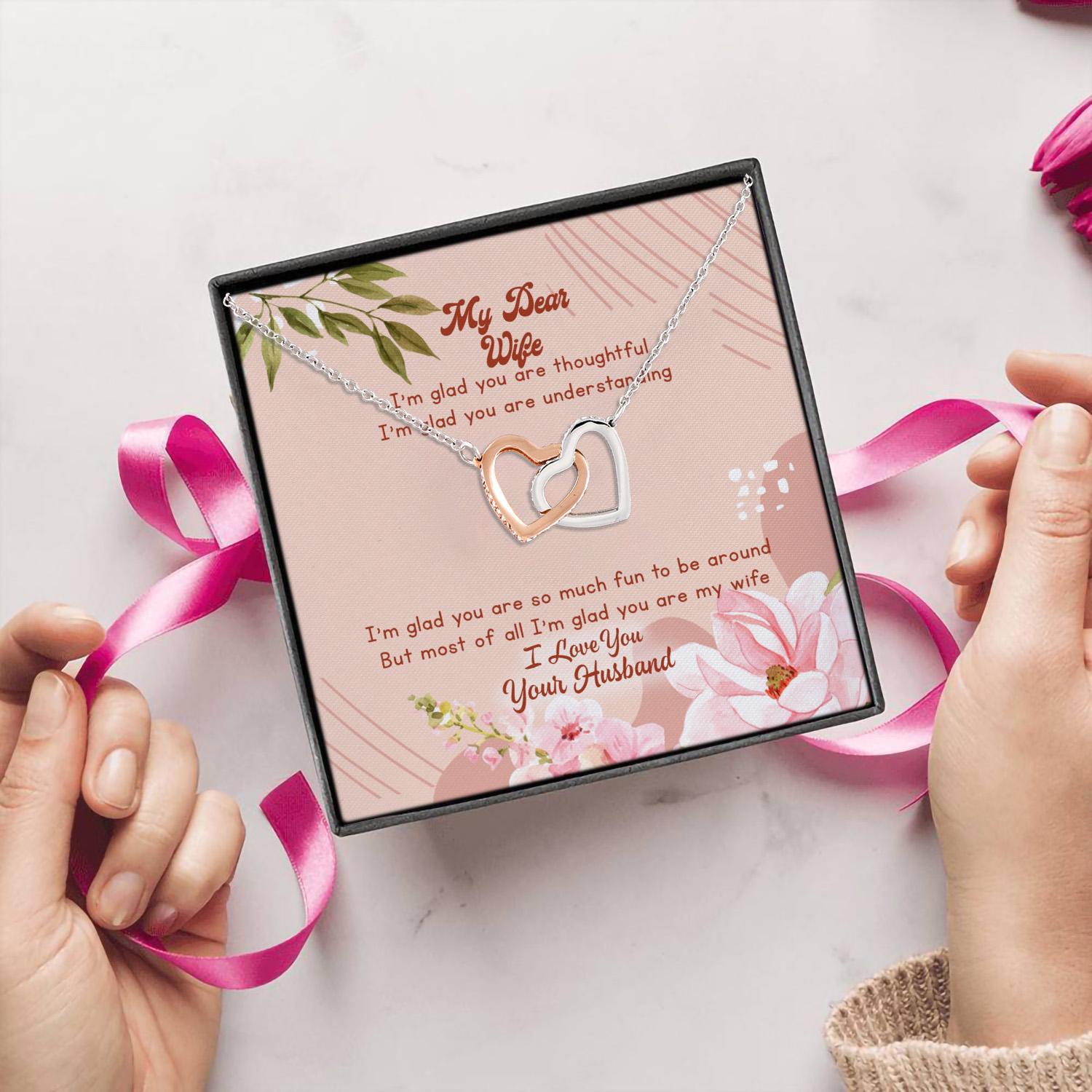 6VT. My Dear Wife I'm Glad Message Card Interlocking Hearts Necklace 5