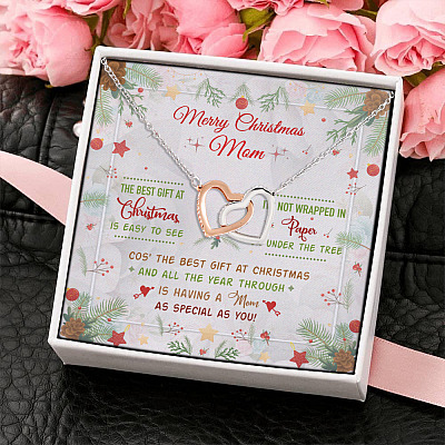 Merry Christmas Mom The Best Gift At Christmas Is Having You Interlocking Hearts Pendant Necklace