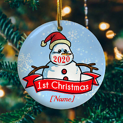 Alternative view of Personalized First Christmas Snowman With Mask Circle Ornament Keepsake - Holiday Christmas Ornament
