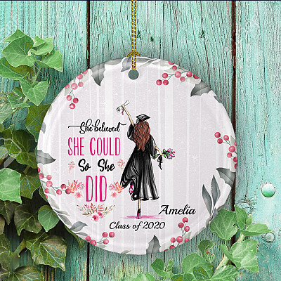 Alternative view of Personalized She Believed She Could So She Did Circle Ornament Keepsake - Graduation Christmas Holiday Ornament
