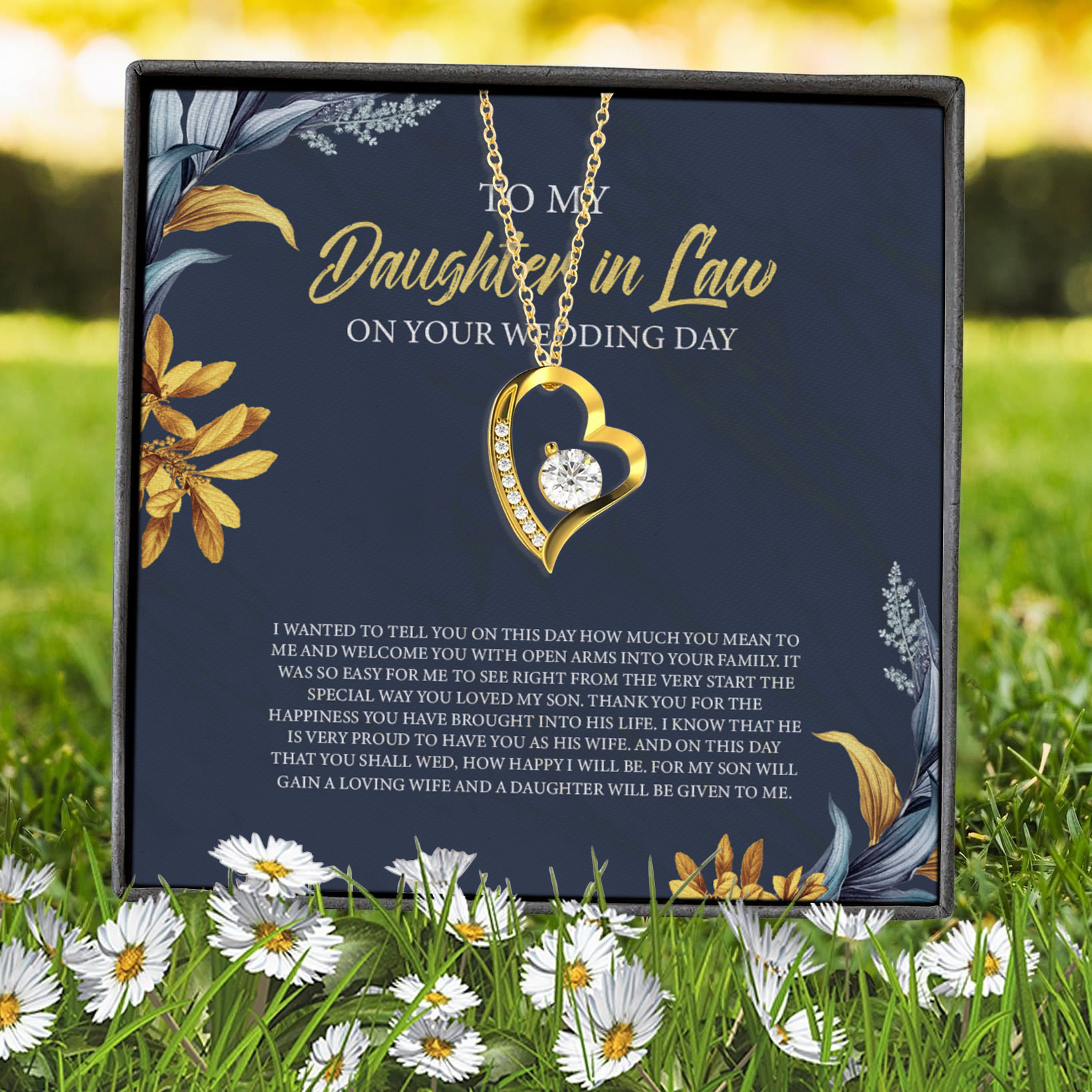 6VT. Daughter In Law Wedding Day Message Card Forever Love Necklace (Gold) 7