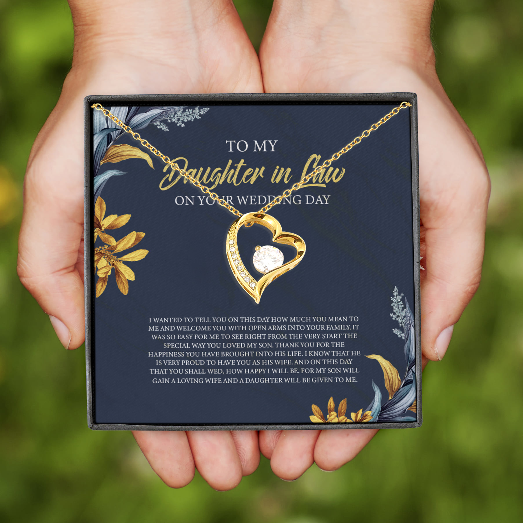 6VT. Daughter In Law Wedding Day Message Card Forever Love Necklace (Gold)