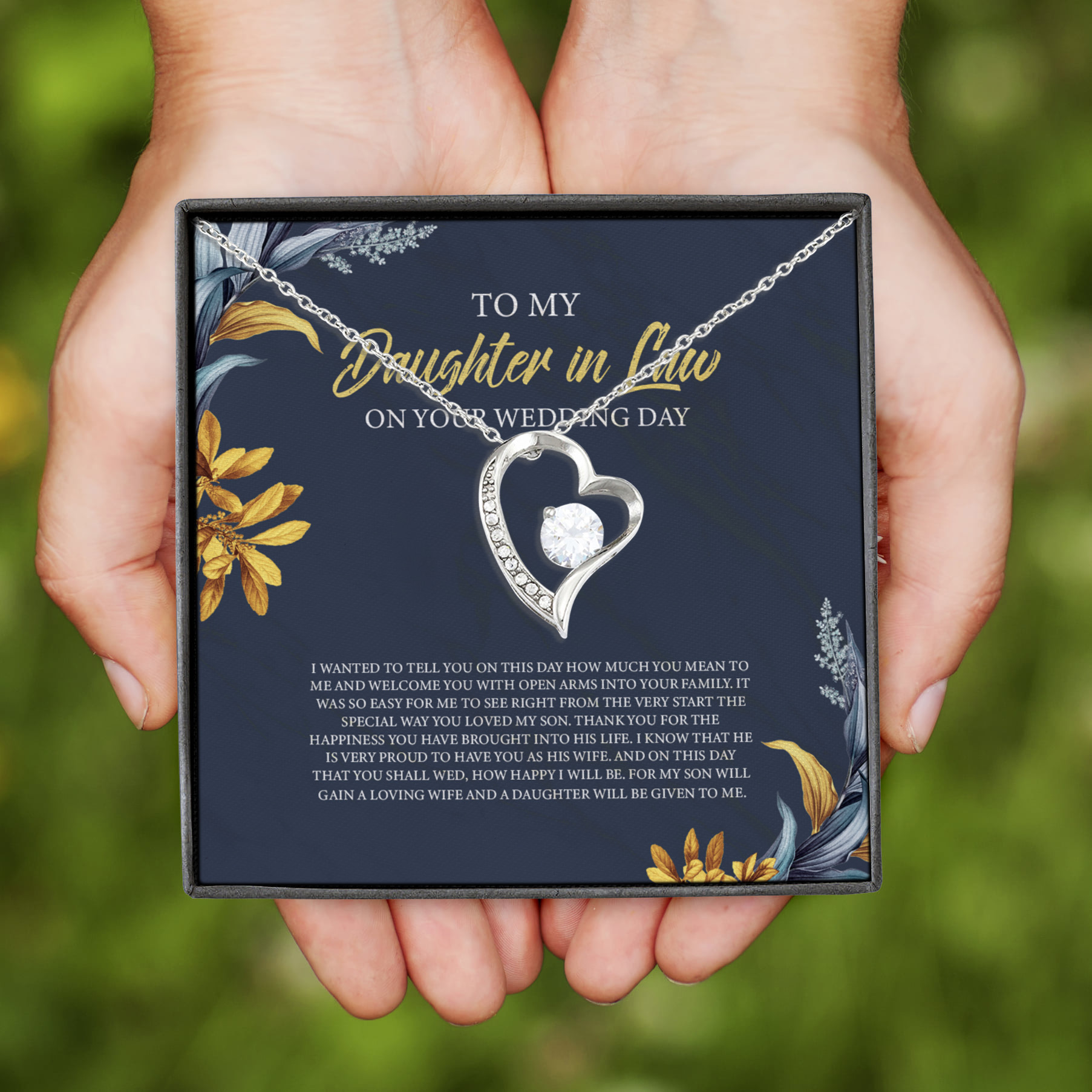6VT. Daughter In Law Wedding Day Message Card Forever Love Necklace (Silver)