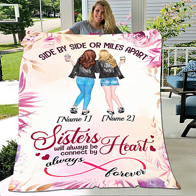 Alternative view of Personalized Side By Side Or Miles Apart Sisters Will Always Be Connected By Heart Fleece Blanket - Mink Blanket
