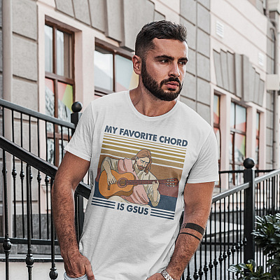Alternative view of Vintage Retro My Favorite Chord Is Gsus Jesus Playing Guitar T-Shirt - V-Neck - Guitarist Tee Shirt