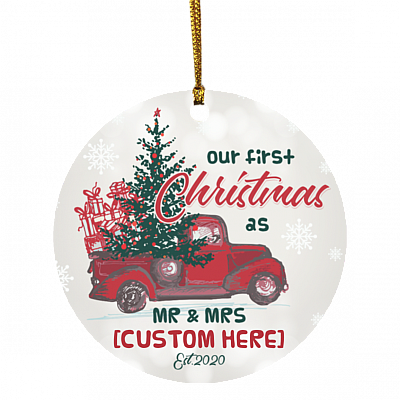 Personalized Our First Christmas As Mr & Mrs Est 2020 Red Truck Circle Christmas Tree Ornament Keepsake, White, Circle Ornament