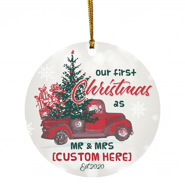Personalized Our First Christmas As Mr & Mrs Est 2020 Red Truck Circle Christmas Tree Ornament Keepsake, White, Circle Ornament