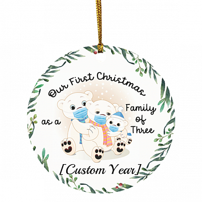 Personalized Family Of Three Polar Bears With Mask Decorative Christmas Ornament-Holiday Flat Circle Ornament, White, Circle Ornament
