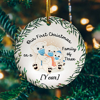Alternative view of Personalized Family Of Three Polar Bears With Mask Decorative Christmas Ornament-Holiday Flat Circle Ornament