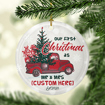 Alternative view of Personalized Our First Christmas As Mr & Mrs Est 2020 Red Truck Circle Christmas Tree Ornament Keepsake