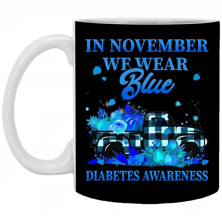 In November We Wear Blue Diabetes Awareness Ceramic Coffee Mug - Beer Stein - Water Bottle, Black, 11 oz. White Mug