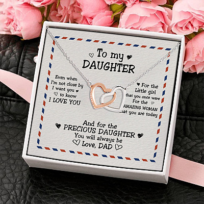 Gift To My Daughter From Dad Even When I Am Not Close By Interlocking Hearts Pendant Necklace