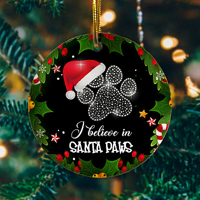 Alternative view of I Believe in Santa Paws Funny Christmas Cat Flat Holiday Circle Ornament