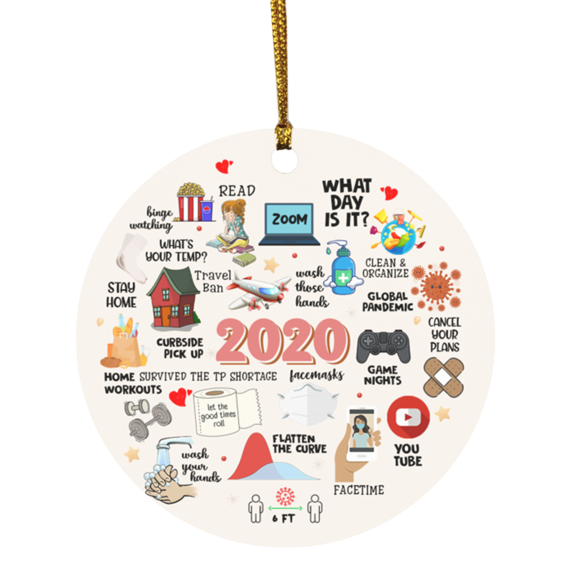 Quarantine Christmas 2020 Circle Christmas Tree Ornament Keepsake - Funny Holiday Flat Pandemic Ornament, White, Circle Ornament