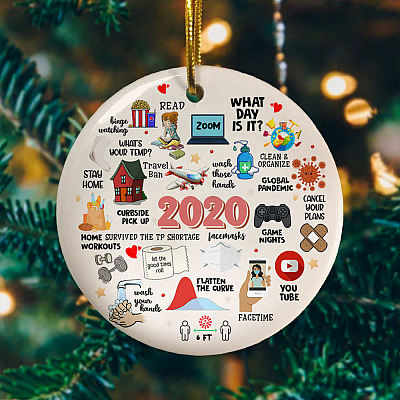 Alternative view of Quarantine Christmas 2020 Circle Christmas Tree Ornament Keepsake - Funny Holiday Flat Pandemic Ornament