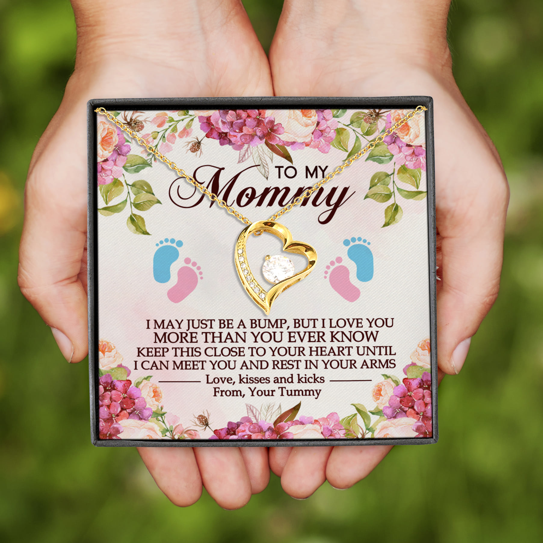4VT. To My Mommy Pregnant Message Card Forever Love Necklace (Gold)