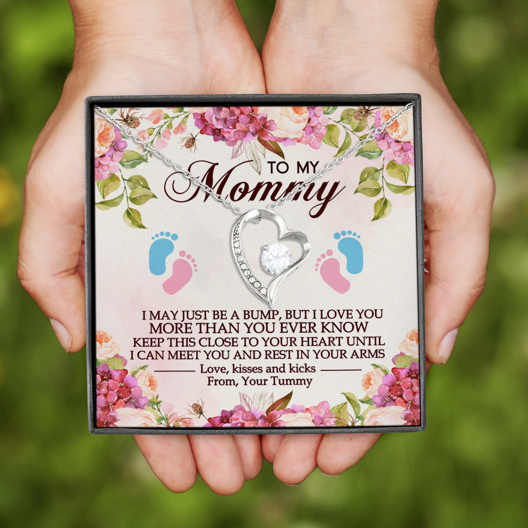4VT. To My Mommy Pregnant Message Card Forever Love Necklace (Silver)