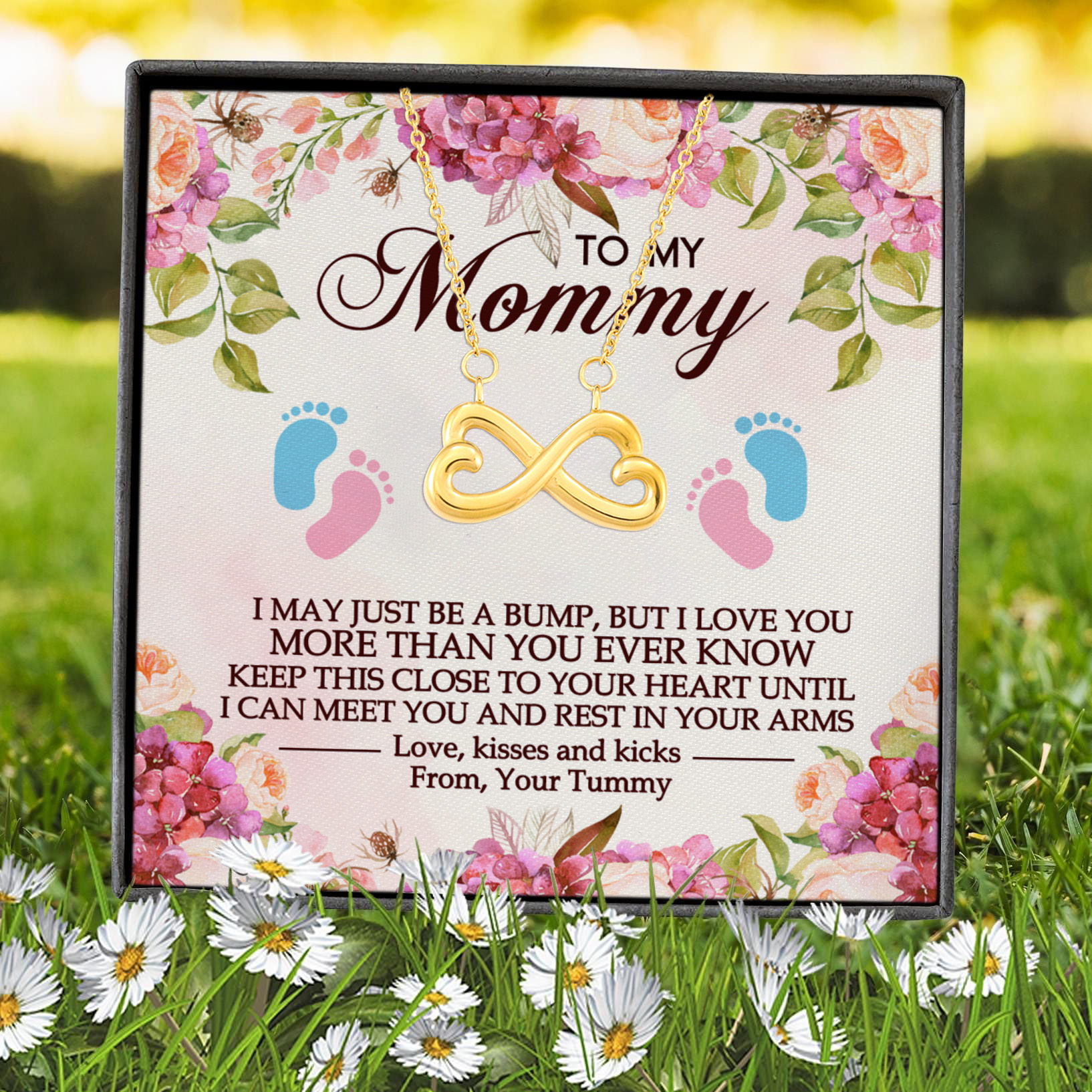 4VT. To My Mommy Pregnant Message Card Infinity Heart Necklace (Gold) 7