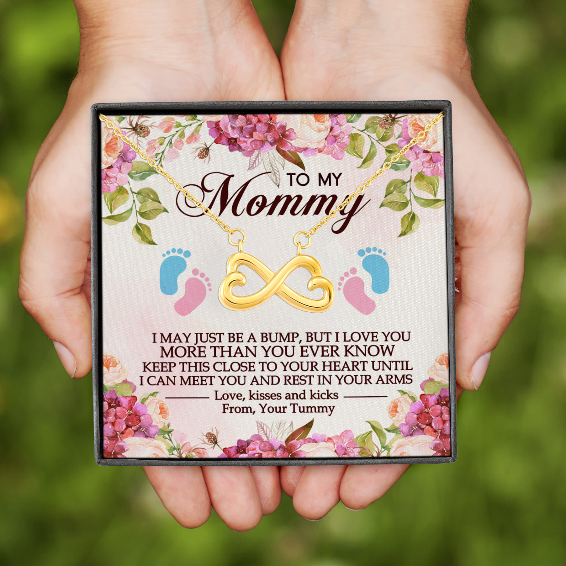 4VT. To My Mommy Pregnant Message Card Infinity Heart Necklace (Gold)