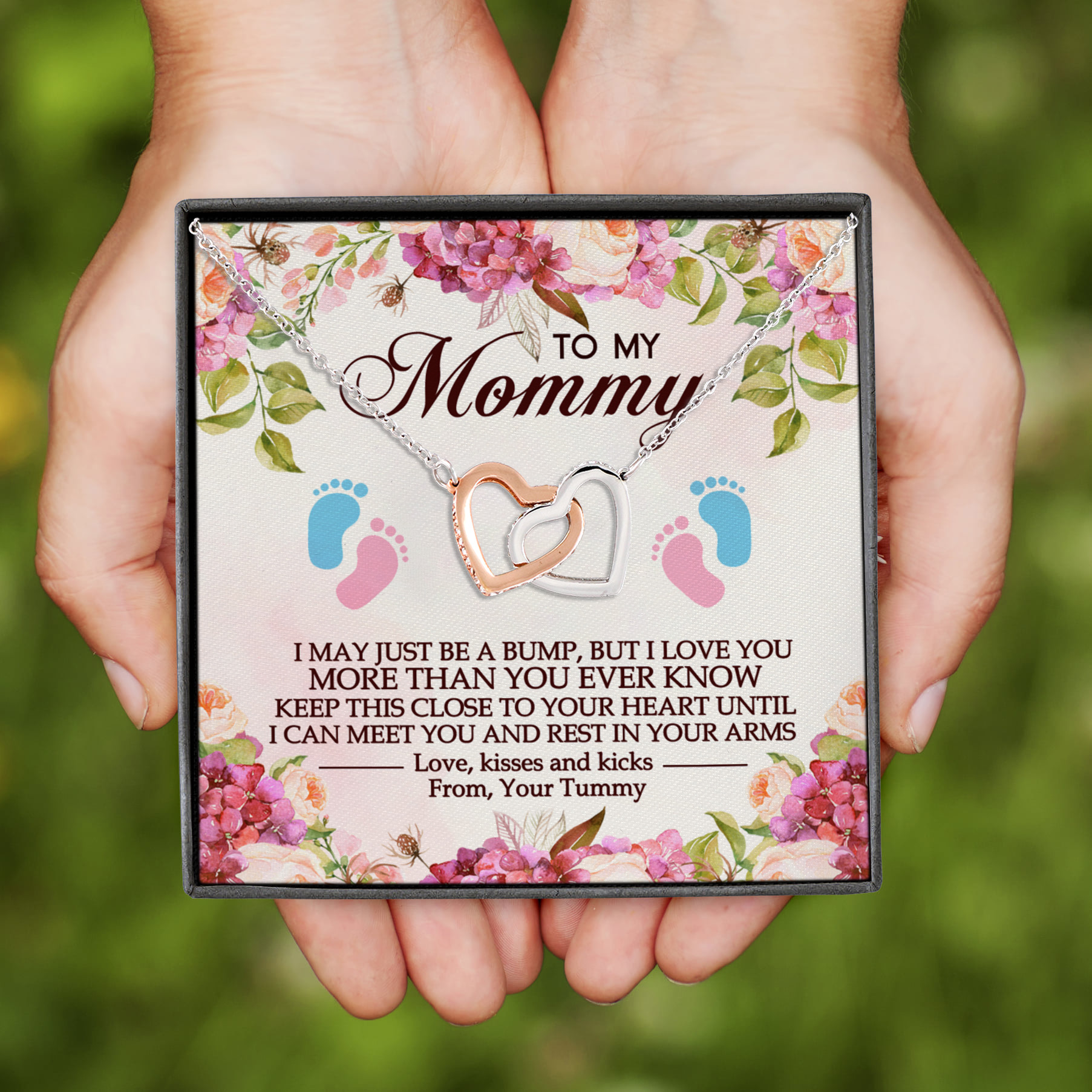 4VT. To My Mommy Pregnant Message Card Interlocking Hearts Necklace