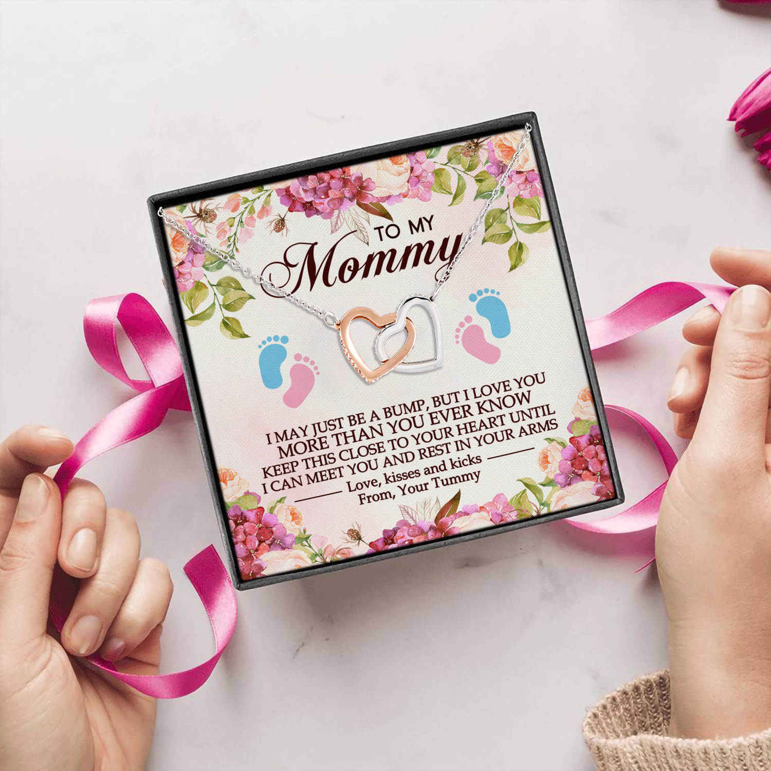 4VT. To My Mommy Pregnant Message Card Interlocking Hearts Necklace 5