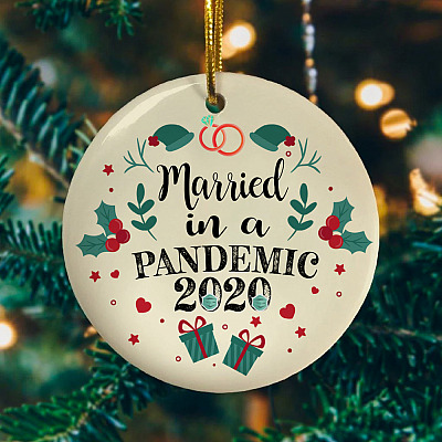 Alternative view of Married In A Pandemic 2020 Circle Christmas Ornament Keepsake - Funny Quarantine Wedding Christmas Ornament