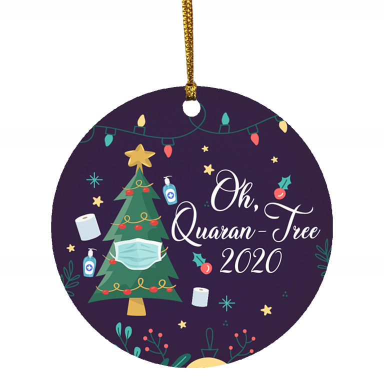 Oh Quaran-Tree 2020 Funny Christmas Tree Wearing A Mask Circle Christmas Ornament Keepsake, White, Circle Ornament