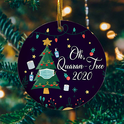 Alternative view of Oh Quaran-Tree 2020 Funny Christmas Tree Wearing A Mask Circle Christmas Ornament Keepsake