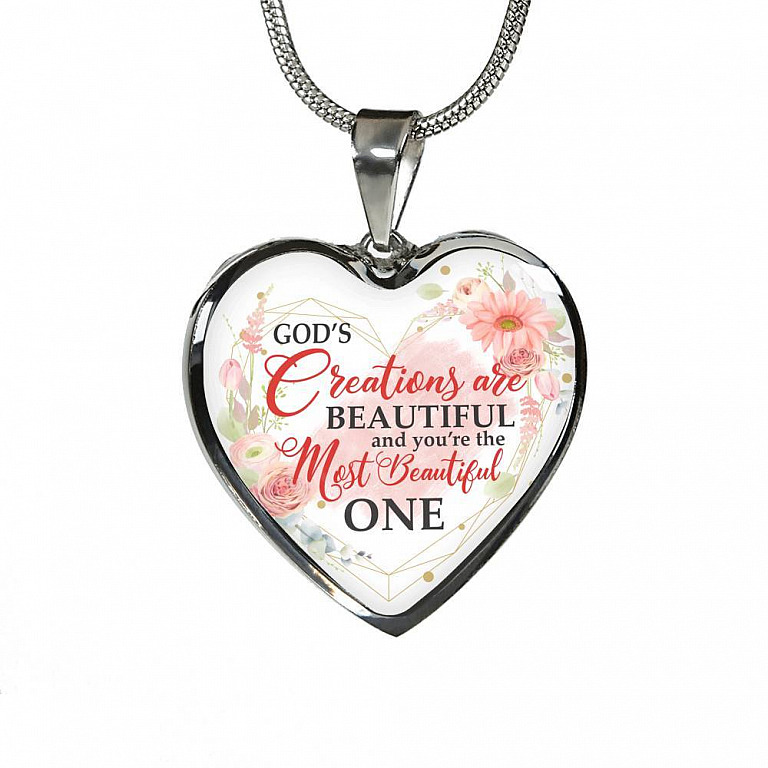 God's Creations Are Beautiful and You're The Most Beautiful One Floral Heart Pendant Necklace - Heart Luxury Necklace (Silver)