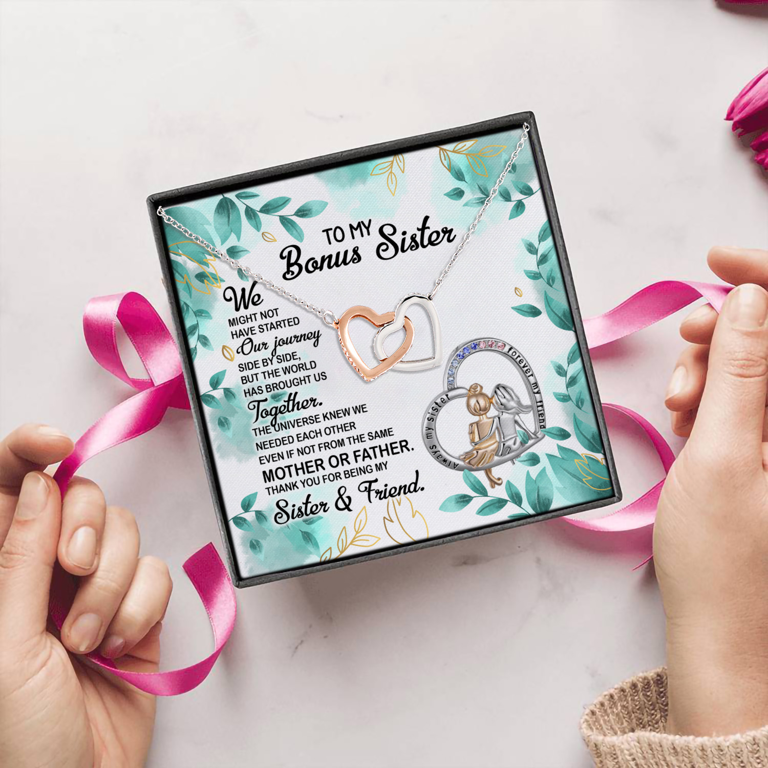 2KT. To My Bonus Sister (5) Interlocking Hearts Necklace 5