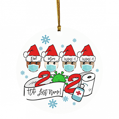 Personalized Family of 4 Quarantine Wearing Mask Christmas Flat Holiday Circle Ornament, White, Circle Ornament