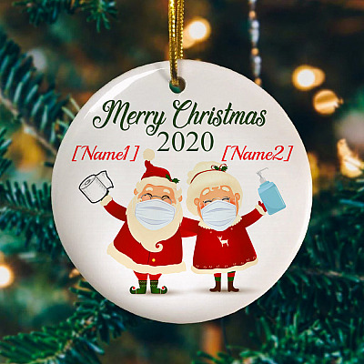 Alternative view of Personalized Santa And Mrs Claus Funny Santa Wearing Mask Christmas Flat Holiday Heart Ornament