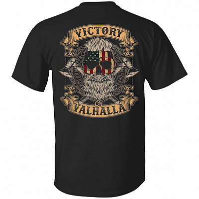 Victory Or Valhalla Shirt - Norse Viking T Shirt - Skull American Flag Shirt - Print On Back T-Shirt, Black, Unisex T-Shirt