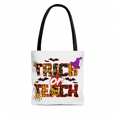 Trick or Treat Funny Teacher Gift AOP Tote Bag - Shoulder Bag - Reusable Grocery Shopping Bag