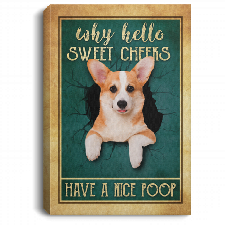 Corgi Why Hello Sweet Cheeks Have A Nice Poop Framed Canvas - Unframed Poster - Funny Bathroom Decor, White, 0.75'' Framed Canvas