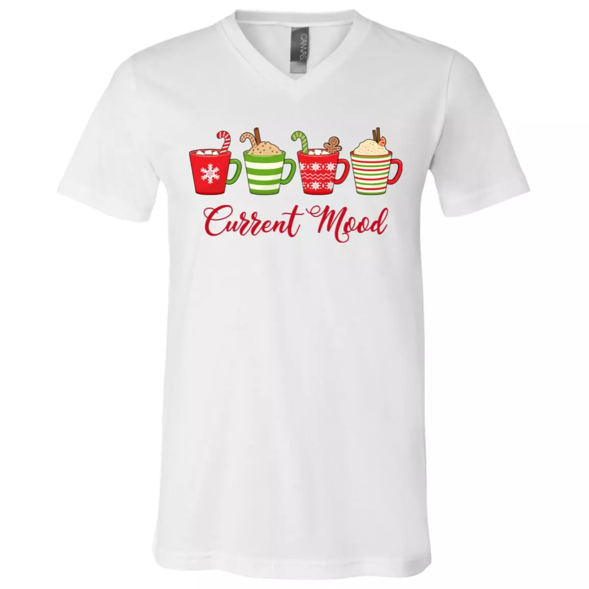 Christmas Current Mood Spirit Hot Cocoa Chocolate Cozy T-Shirt V-Neck Youth Tee, White, V-Neck T-Shirt