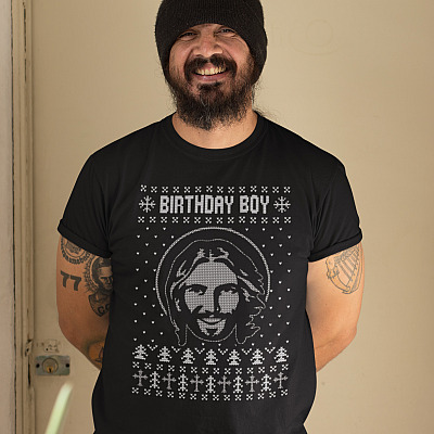 Alternative view of Birthday Boy Jesus Funny Ugly Christmas Sweater Design Christian Xmas T-Shirt - Happy Birthday Jesus Shirt