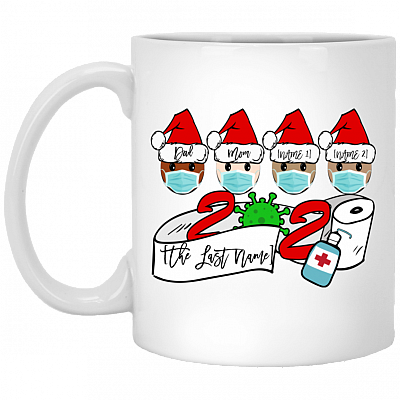 Personalized Family of 4 Quarantine Wearing Mask Christmas Flat Holiday Circle Ornament, White, 11 oz. White Mug